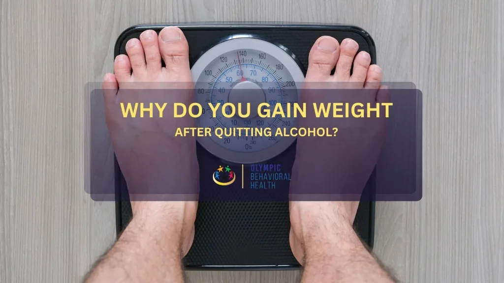 Why Do You Gain Weight After Quitting Alcohol? title over bare feet standing on a bathroom scale