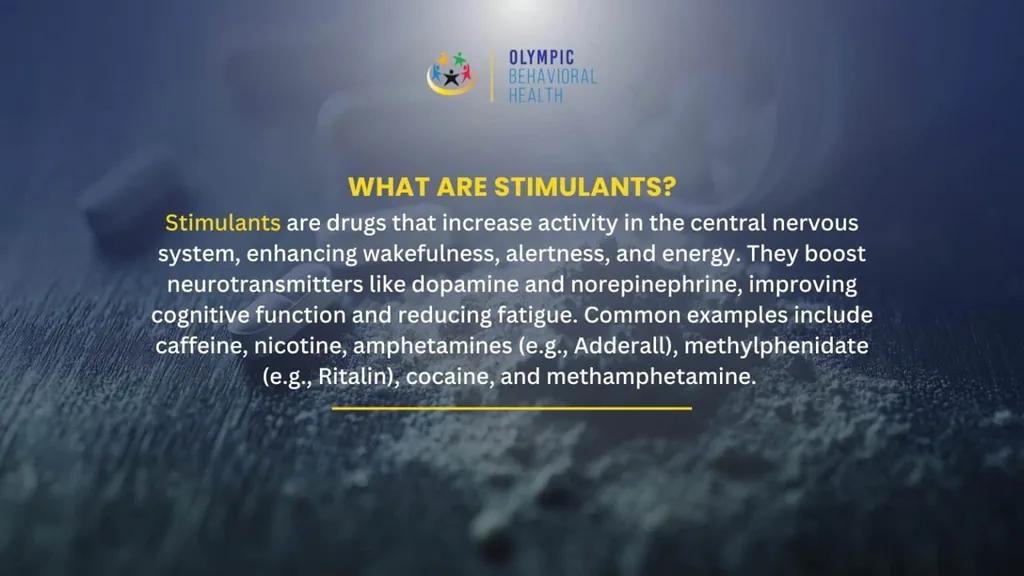 What Are Stimulants? graphic defining stimulants as central nervous system drugs such as caffeine, Adderall and cocaine
