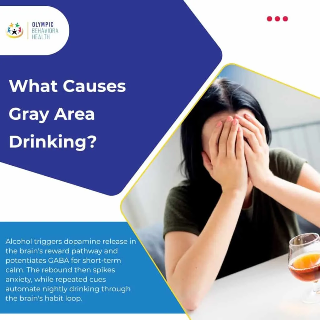 What Causes Gray Area Drinking? graphic of a woman covering her face, explaining dopamine, GABA and habit-loop drivers