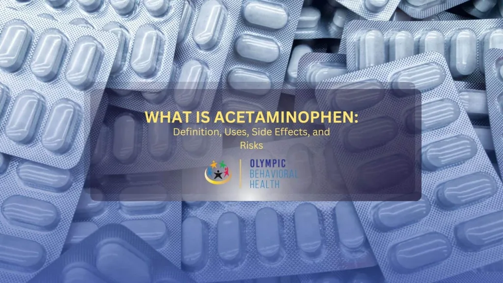 Title banner for What Is Acetaminophen: Definition, Uses, Side Effects, and Risks over blister packs of blue tablets