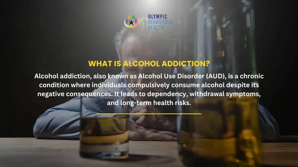 Man slumped by glasses of liquor with the text What Is Alcohol Addiction? defining Alcohol Use Disorder (AUD)