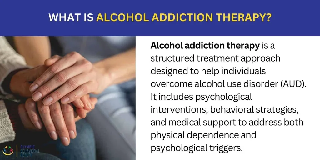 What is alcohol addiction therapy: a structured approach to alcohol use disorder, shown with comforting clasped hands
