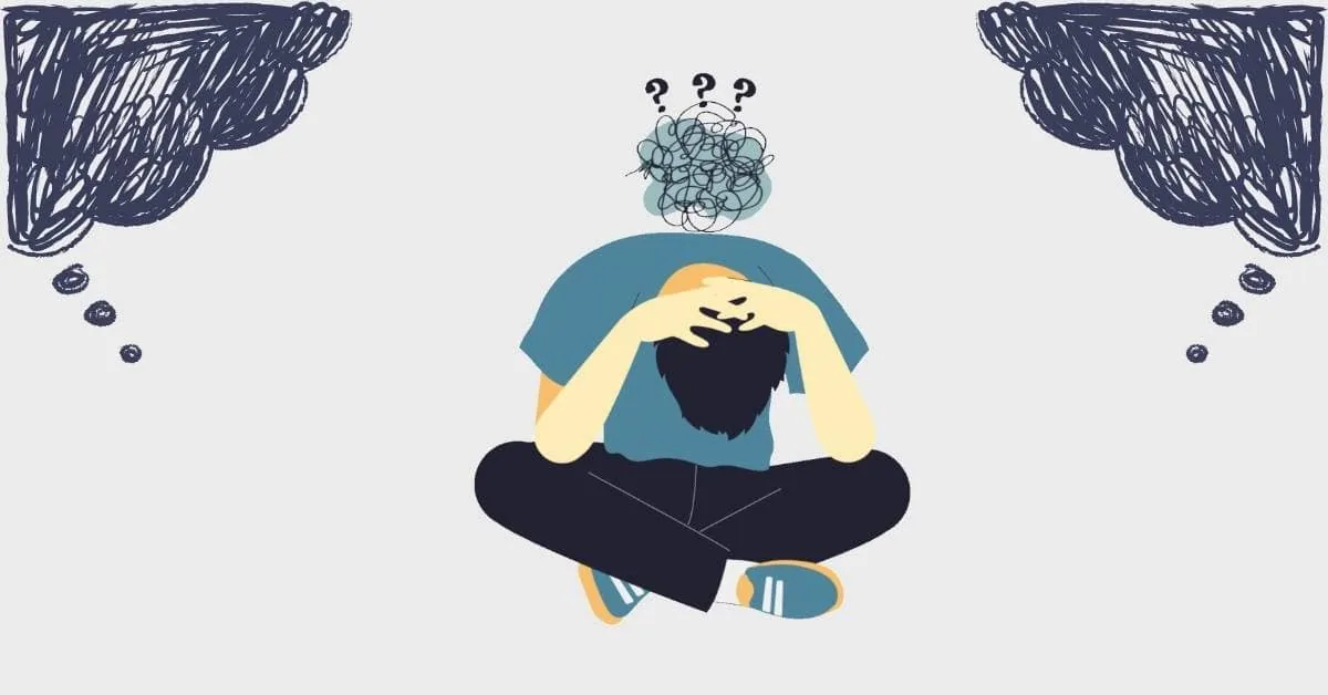 Illustration of a stressed person holding their head under a tangled scribble and question marks, introducing neurofeedback
