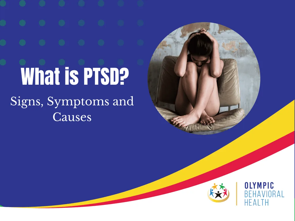 Featured image titled What is PTSD? Signs, Symptoms and Causes with a woman hugging her knees on a chair