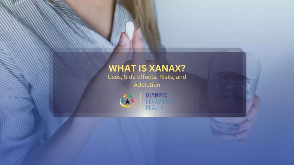 What Is Xanax? Uses, Side Effects, Risks and Addiction title graphic over a person holding a white pill and water glass