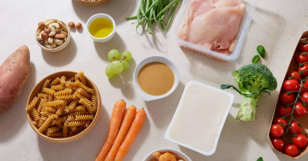 Whole foods like sweet potato, pasta, carrots, chicken, nuts and tomatoes, showing nutritional therapy in recovery